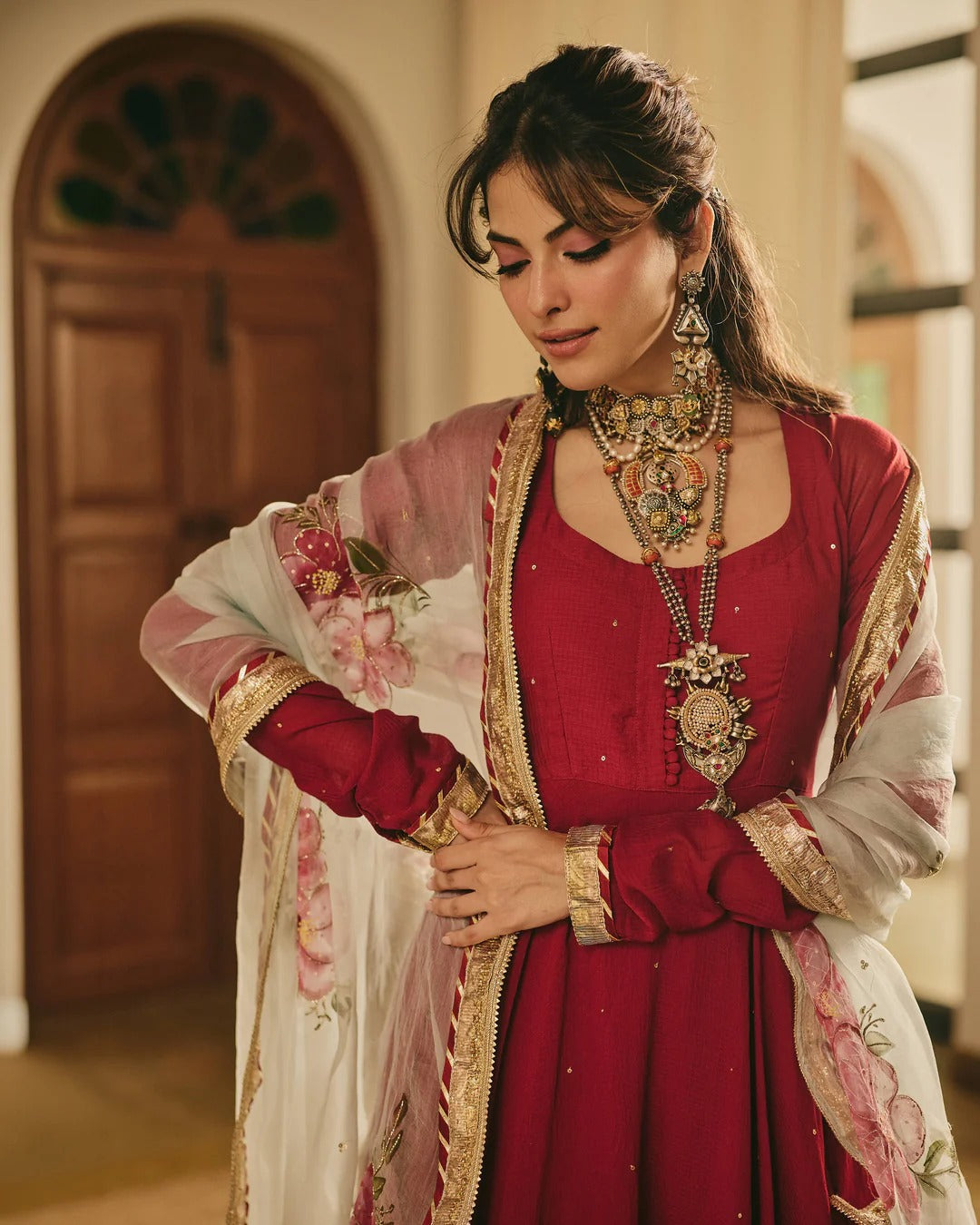 Maroon Anarkali Suit Set with Floral Embroidered Dupatta for Women